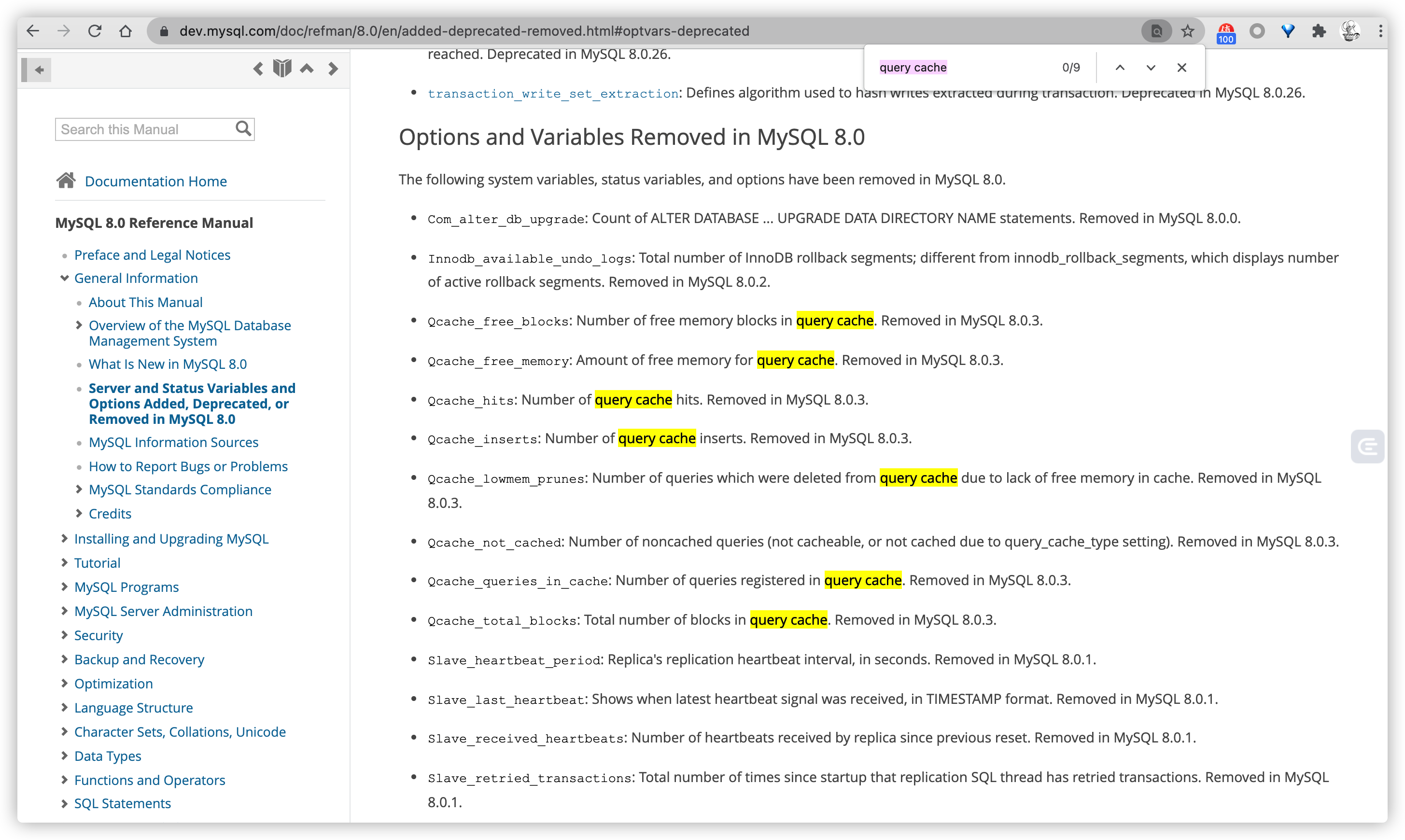 MySQL8.0官网 移除清单